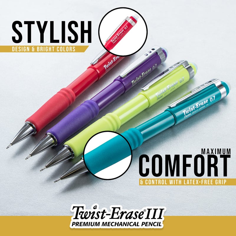 Pentel Twist-Erase III Mechanical Pencils, 0.5 mm, Assorted Barrel Colors, Pack Of 2 Pencils - Image 1